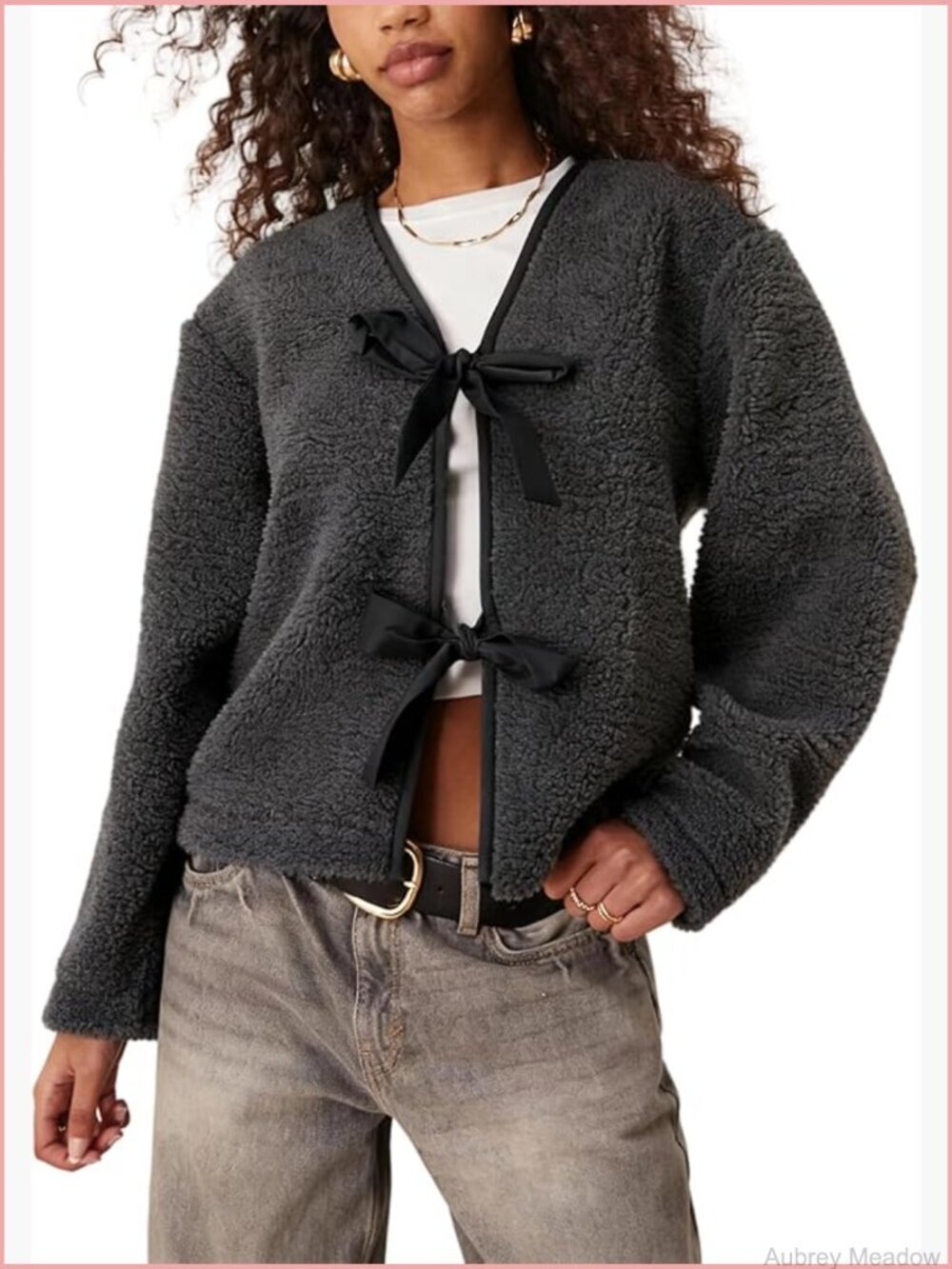Bow Tie Front Sherpa Cardigan Fleece Jacket Long Sleeve Winter Coat with Pockets